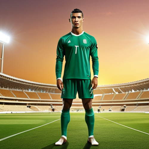 Home 14 A surreal, impactful image depicting Cristiano Ronaldo as a colossal figure, bridging two footballing worlds. On one side, iconic, slightly faded European stadiums symbolize the past. On the other, vibrant, ultra-modern Saudi Arabian football stadiums gleam under a golden desert sky, representing a 'tectonic shift' in global football's power. The scene should convey both a sense of surprise and a powerful new beginning, with subtle hints of immense financial influence radiating from the Saudi side.