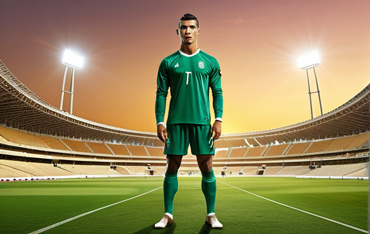 A surreal, impactful image depicting Cristiano Ronaldo as a colossal figure, bridging two footballing worlds. On one side, iconic, slightly faded European stadiums symbolize the past. On the other, vibrant, ultra-modern Saudi Arabian football stadiums gleam under a golden desert sky, representing a 'tectonic shift' in global football's power. The scene should convey both a sense of surprise and a powerful new beginning, with subtle hints of immense financial influence radiating from the Saudi side.
