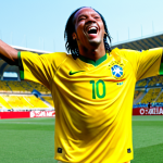 "Ronaldinho, fully clothed in the 2002 Brazil World Cup jersey, celebrating a goal on a vibrant, sunny soccer field in South Korea/Japan, ecstatic expression, dynamic pose, safe for work, appropriate content, perfect anatomy, correct proportions, professional soccer photography, family-friendly"