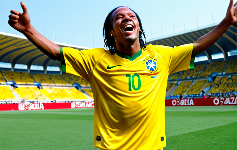 "Ronaldinho, fully clothed in the 2002 Brazil World Cup jersey, celebrating a goal on a vibrant, sunny soccer field in South Korea/Japan, ecstatic expression, dynamic pose, safe for work, appropriate content, perfect anatomy, correct proportions, professional soccer photography, family-friendly"