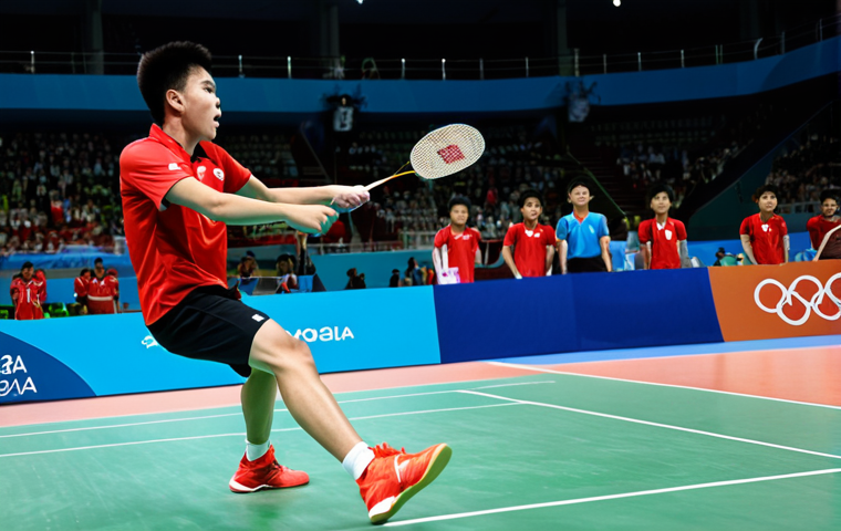 베네딕트 라하드 배드민턴 올림픽 경기 - **Image Prompt:** Dynamic action shot of Benedikt Rahard, a young Indonesian badminton player, mid-s...