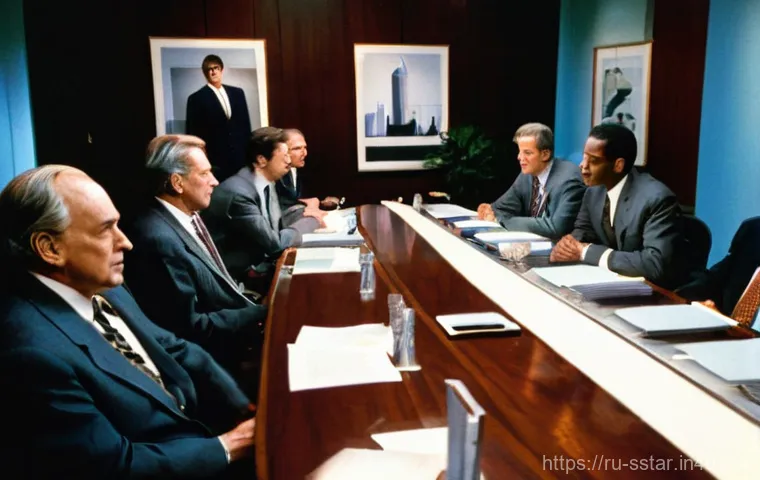 나이키와 마이클 조던 계약 비하인드 - **Prompt:** A somber, dimly lit 1980s corporate boardroom at Nike headquarters. The atmosphere is te...