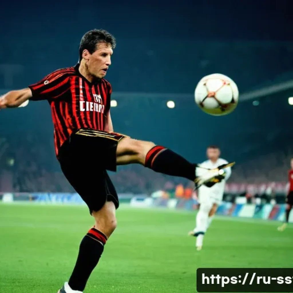 마르코 판바스턴 축구 명장면 - A dynamic action shot of a professional male footballer resembling Marco van Basten, executing a pre...