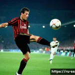 Home 22 마르코 판바스턴 축구 명장면 - A dynamic action shot of a professional male footballer resembling Marco van Basten, executing a pre...