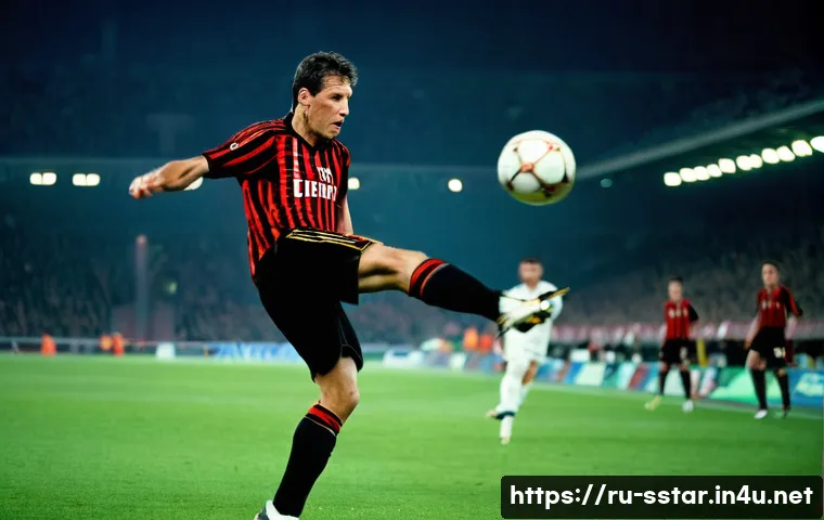 마르코 판바스턴 축구 명장면 - A dynamic action shot of a professional male footballer resembling Marco van Basten, executing a pre...