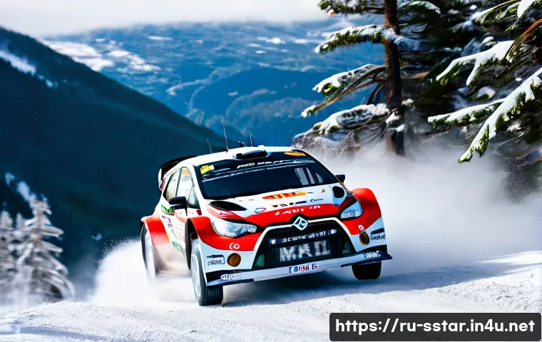 세바스티앙 로엡 WRC 우승 기록 - A dynamic scene of a professional rally driver in action during a snowy Monte Carlo stage, featuring...