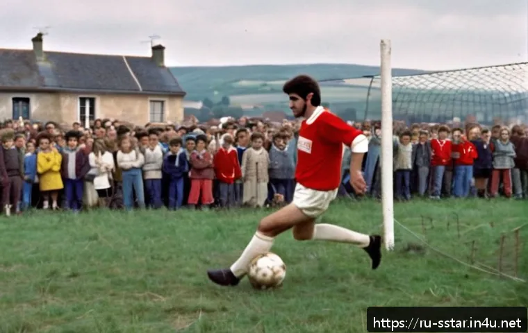 에릭 칸토나의 프랑스 축구 역사 - A dynamic scene of Eric Cantona as a young footballer in a small French town, wearing a classic foot...