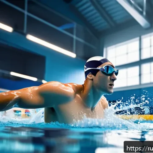 Home 31 마이클 펠프스의 훈련 비법 - A professional male swimmer training intensely in an Olympic-sized indoor pool, wearing a sleek, hig...