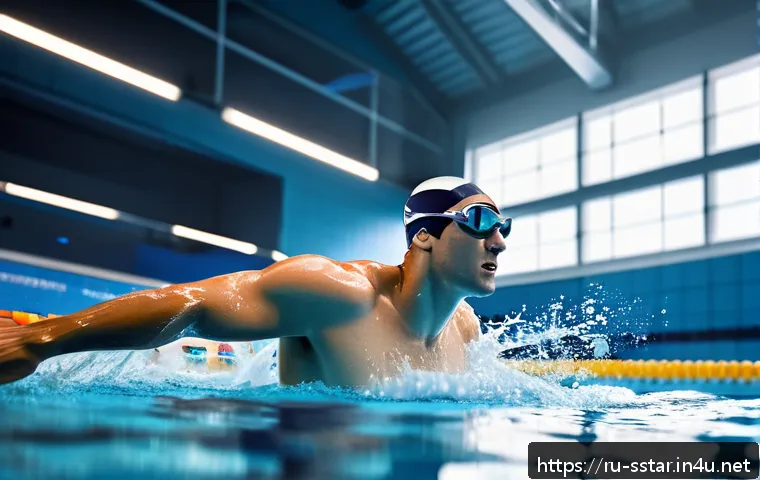 마이클 펠프스의 훈련 비법 - A professional male swimmer training intensely in an Olympic-sized indoor pool, wearing a sleek, hig...