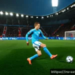 마크 스털링 EPL 득점왕 시즌 - Photorealistic night-time English Premier League style football match, a dynamic young English winge...